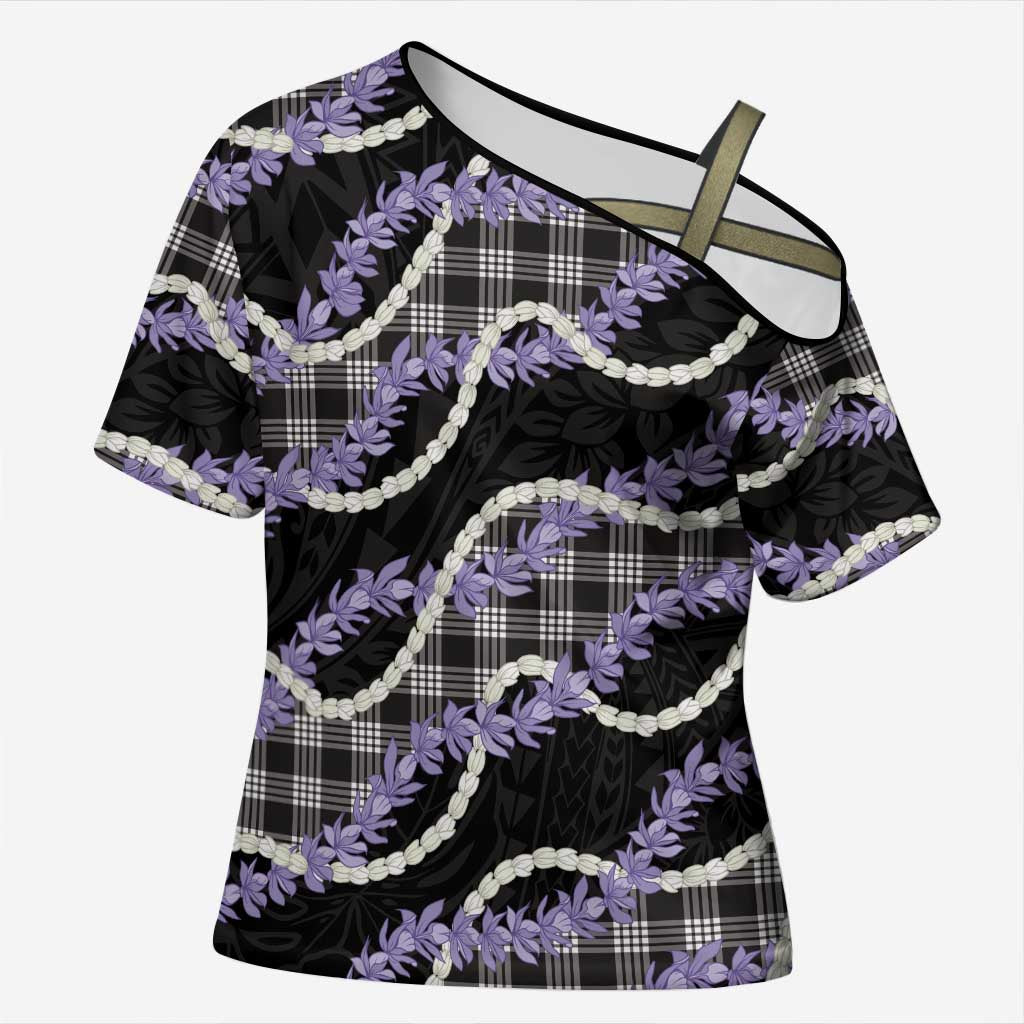 Black Hawaii Palaka Honohono Pikake Cross Shoulder Shirt Hawaiian Orchid Lei Polynesian Pattern - Polynesian Pride