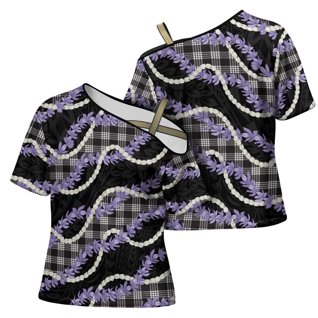 Black Hawaii Palaka Honohono Pikake Cross Shoulder Shirt Hawaiian Orchid Lei Polynesian Pattern - Polynesian Pride