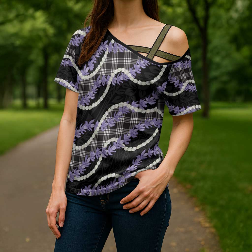 Black Hawaii Palaka Honohono Pikake Cross Shoulder Shirt Hawaiian Orchid Lei Polynesian Pattern - Polynesian Pride