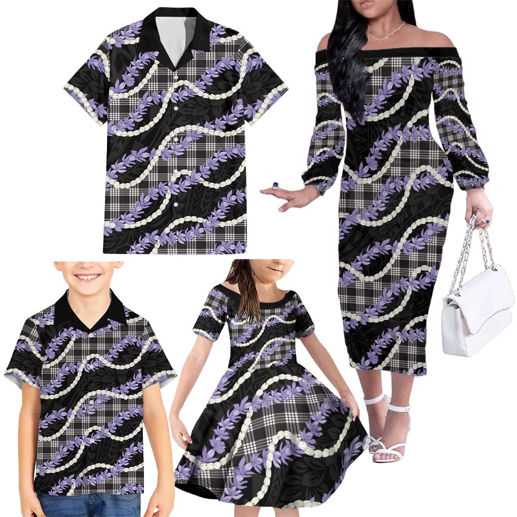 Black Hawaii Palaka Honohono Pikake Family Matching Off The Shoulder Long Sleeve Dress and Hawaiian Shirt Hawaiian Orchid Lei Polynesian Pattern LT14 - Polynesian Pride