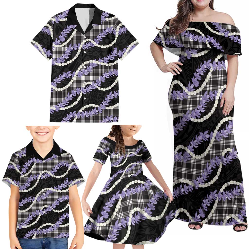 Black Hawaii Palaka Honohono Pikake Family Matching Off Shoulder Maxi Dress and Hawaiian Shirt Hawaiian Orchid Lei Polynesian Pattern - Polynesian Pride