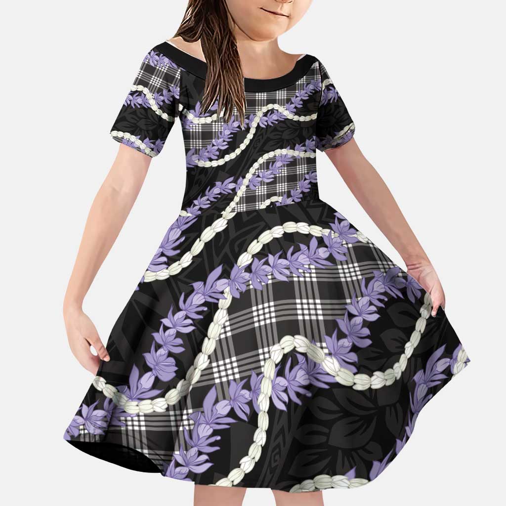 Black Hawaii Palaka Honohono Pikake Family Matching Summer Maxi Dress and Hawaiian Shirt Hawaiian Orchid Lei Polynesian Pattern LT14 Daughter's Dress Black - Polynesian Pride