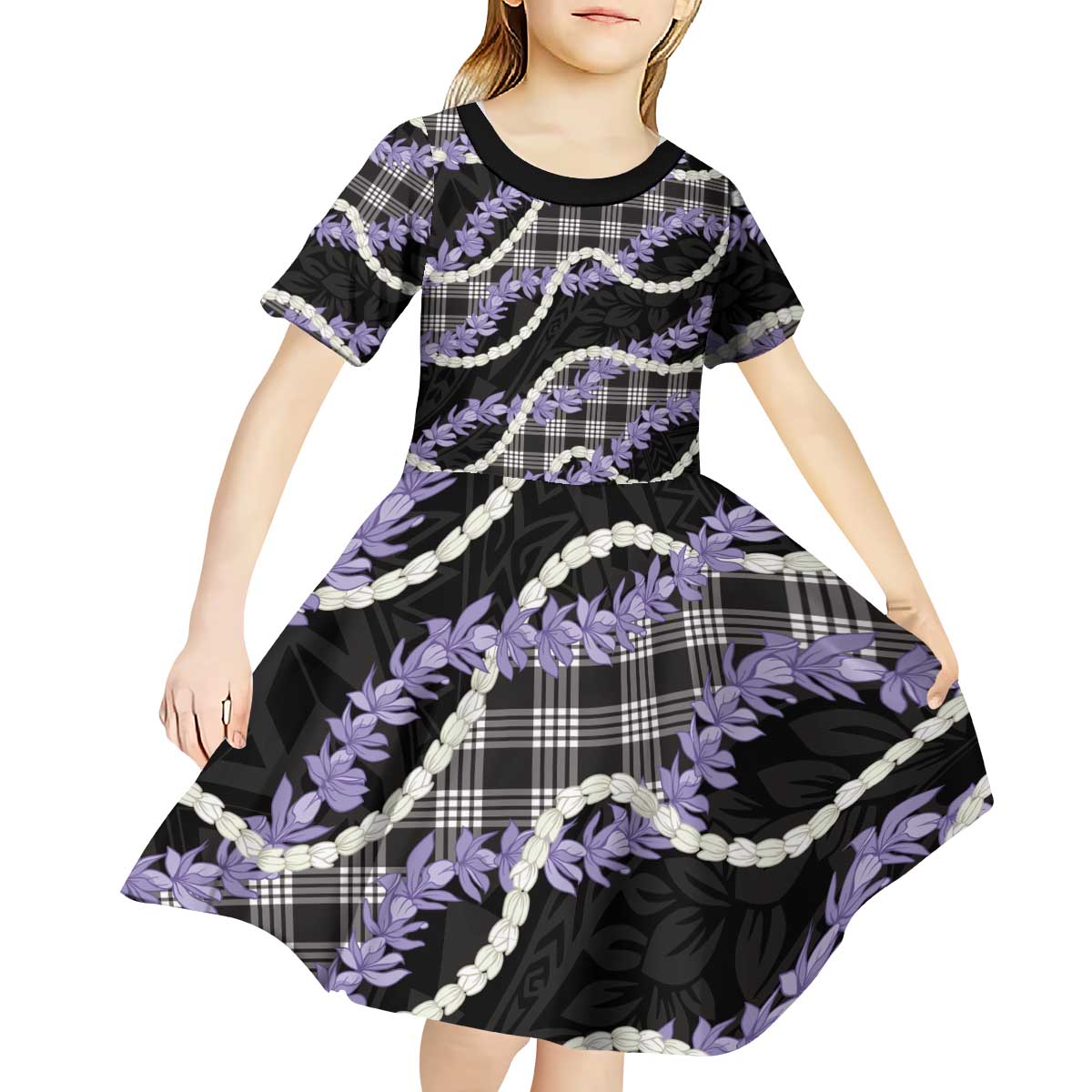 Black Hawaii Palaka Honohono Pikake Kid Short Sleeve Dress Hawaiian Orchid Lei Polynesian Pattern - Polynesian Pride