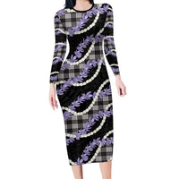 Black Hawaii Palaka Honohono Pikake Long Sleeve Bodycon Dress Hawaiian Orchid Lei Polynesian Pattern LT14 Long Dress Black - Polynesian Pride