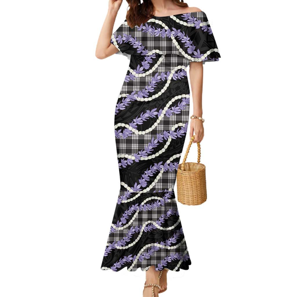 Black Hawaii Palaka Honohono Pikake Mermaid Dress Hawaiian Orchid Lei Polynesian Pattern - Polynesian Pride
