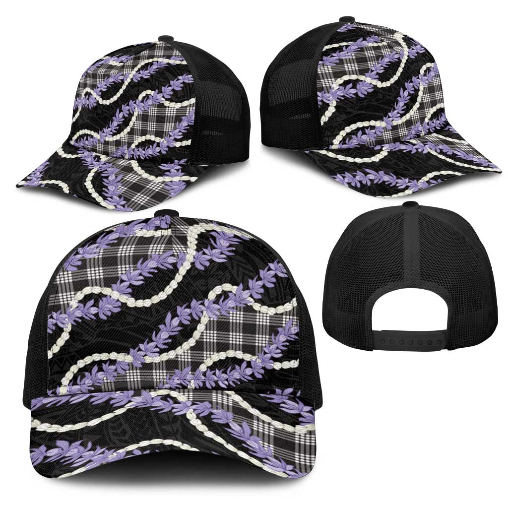 Black Hawaii Palaka Honohono Pikake Mesh Trucker Cap Hawaiian Orchid Lei Polynesian Pattern - Polynesian Pride