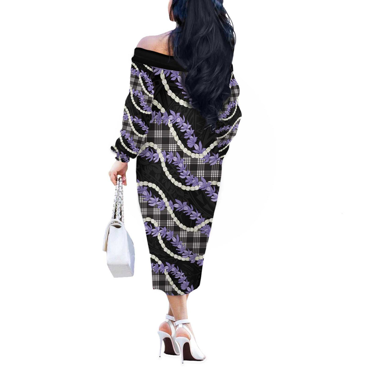 Black Hawaii Palaka Honohono Pikake Off The Shoulder Long Sleeve Dress Hawaiian Orchid Lei Polynesian Pattern LT14 - Polynesian Pride