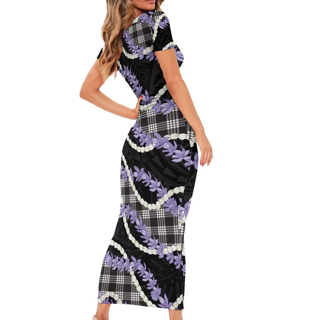 Black Hawaii Palaka Honohono Pikake Short Sleeve Bodycon Dress Hawaiian Orchid Lei Polynesian Pattern LT14 - Polynesian Pride
