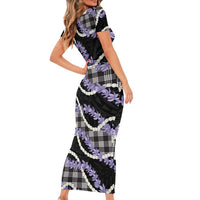 Black Hawaii Palaka Honohono Pikake Short Sleeve Bodycon Dress Hawaiian Orchid Lei Polynesian Pattern LT14 - Polynesian Pride