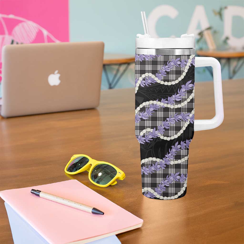 Black Hawaii Palaka Honohono Pikake Tumbler With Handle Hawaiian Orchid Lei Polynesian Pattern - Polynesian Pride