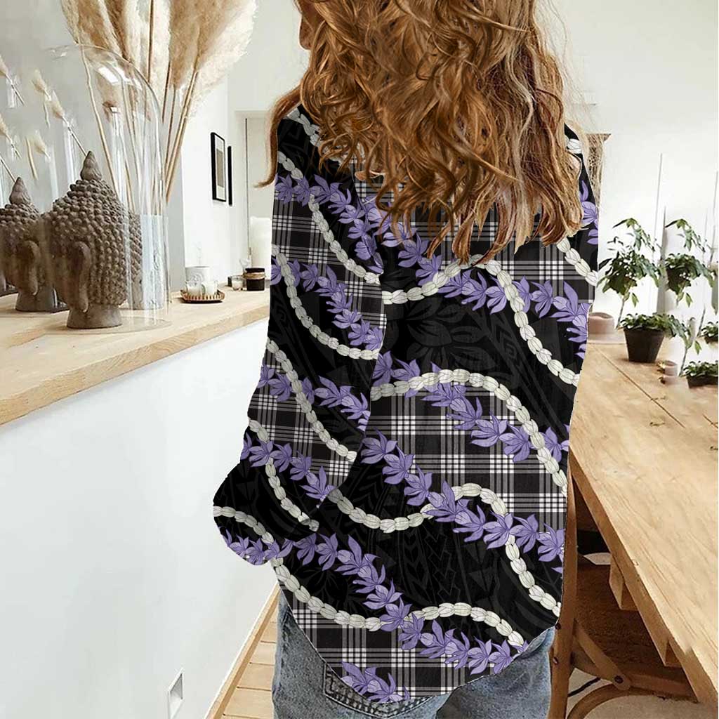 Black Hawaii Palaka Honohono Pikake Women Casual Shirt Hawaiian Orchid Lei Polynesian Pattern - Polynesian Pride