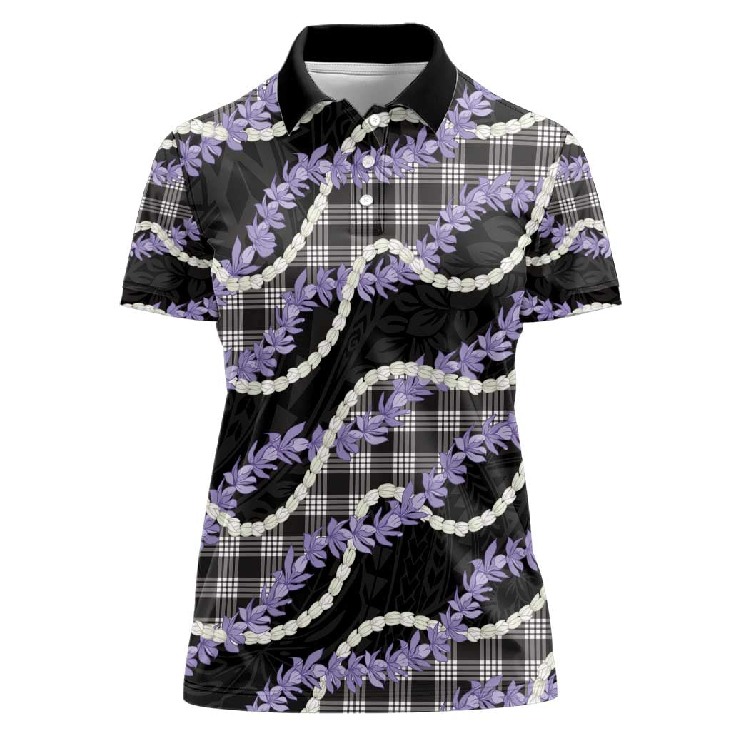 Black Hawaii Palaka Honohono Pikake Women Polo Shirt Hawaiian Orchid Lei Polynesian Pattern - Polynesian Pride