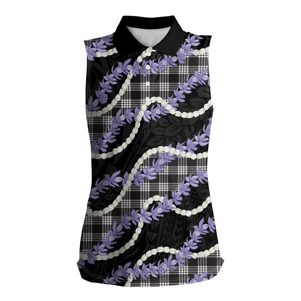 Black Hawaii Palaka Honohono Pikake Women Sleeveless Polo Shirt Hawaiian Orchid Lei Polynesian Pattern LT14 Female Black - Polynesian Pride