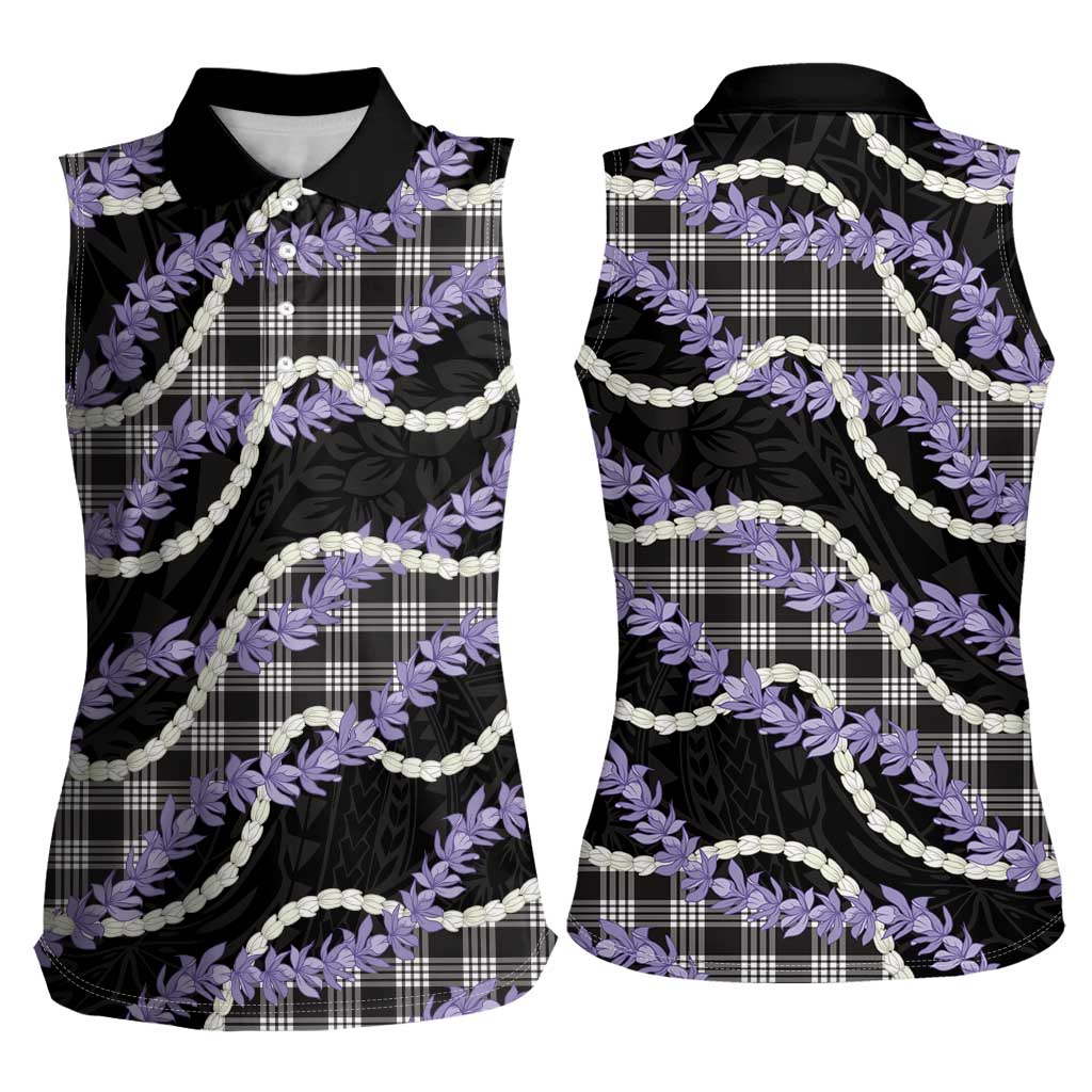 Black Hawaii Palaka Honohono Pikake Women Sleeveless Polo Shirt Hawaiian Orchid Lei Polynesian Pattern LT14 - Polynesian Pride
