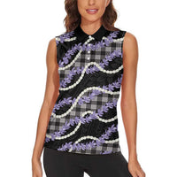 Black Hawaii Palaka Honohono Pikake Women Sleeveless Polo Shirt Hawaiian Orchid Lei Polynesian Pattern LT14 - Polynesian Pride
