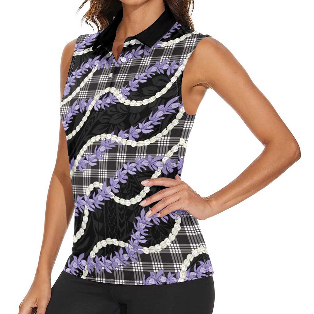Black Hawaii Palaka Honohono Pikake Women Sleeveless Polo Shirt Hawaiian Orchid Lei Polynesian Pattern LT14 - Polynesian Pride
