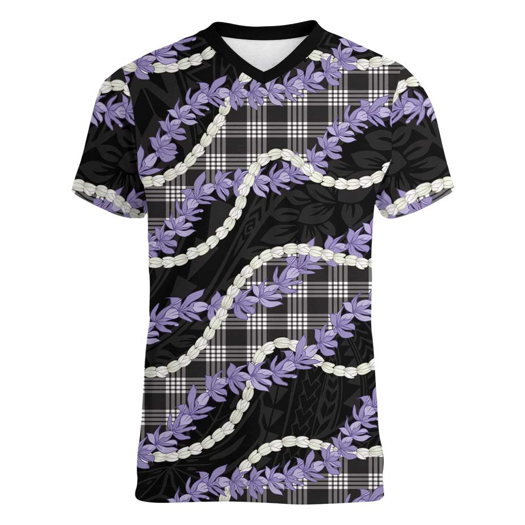 Black Hawaii Palaka Honohono Pikake Women V-Neck T-Shirt Hawaiian Orchid Lei Polynesian Pattern LT14 Female Black - Polynesian Pride