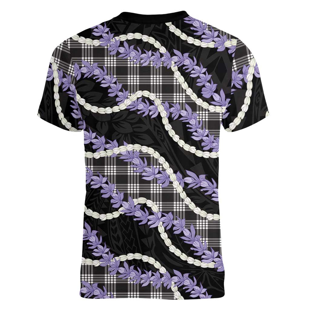 Black Hawaii Palaka Honohono Pikake Women V-Neck T-Shirt Hawaiian Orchid Lei Polynesian Pattern LT14 - Polynesian Pride