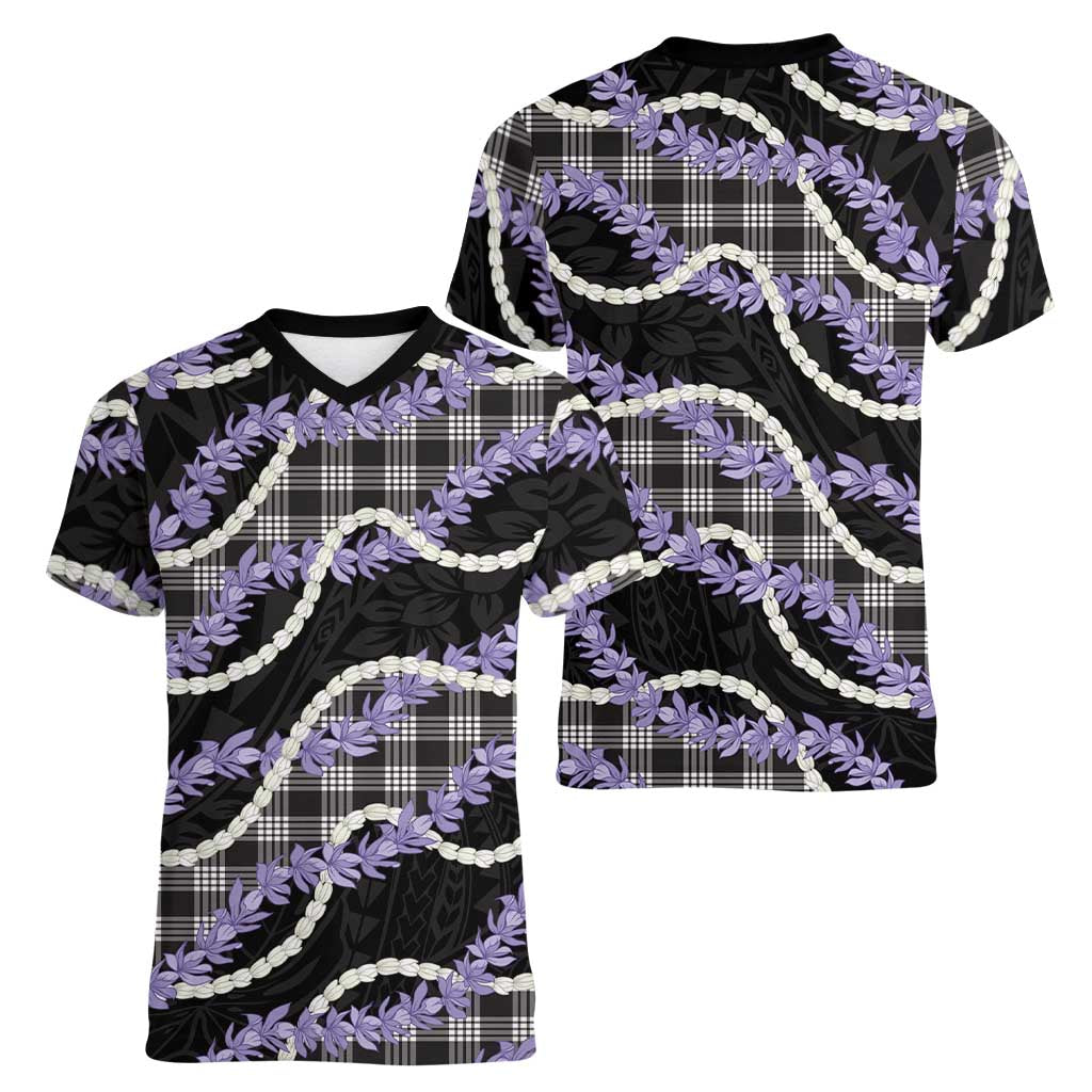 Black Hawaii Palaka Honohono Pikake Women V-Neck T-Shirt Hawaiian Orchid Lei Polynesian Pattern LT14 - Polynesian Pride