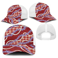 Red Hawaii Palaka Honohono Pikake Baseball Net Cap Hawaiian Orchid Lei Polynesian Pattern - Polynesian Pride