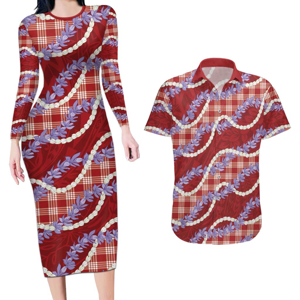 Red Hawaii Palaka Honohono Pikake Couples Matching Long Sleeve Bodycon Dress and Hawaiian Shirt Hawaiian Orchid Lei Polynesian Pattern LT14 Red - Polynesian Pride
