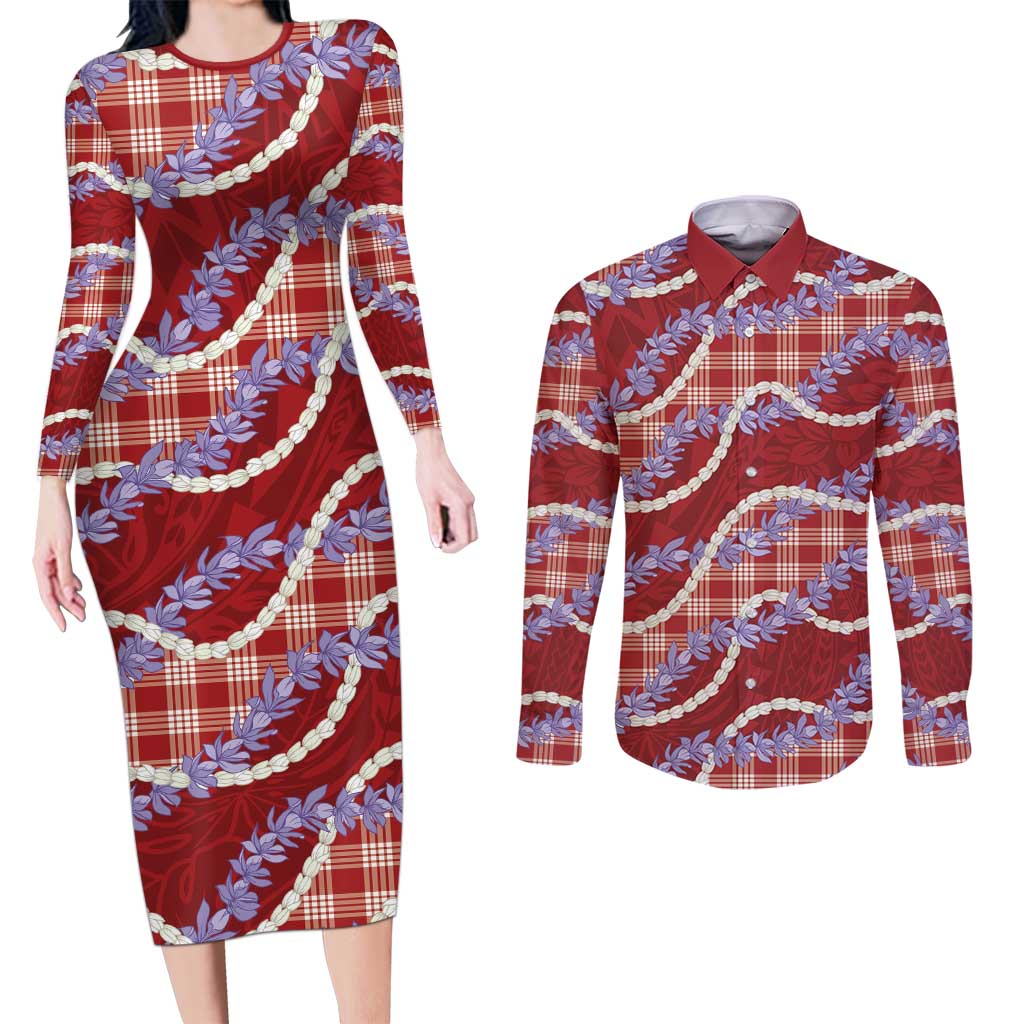 Red Hawaii Palaka Honohono Pikake Couples Matching Long Sleeve Bodycon Dress and Long Sleeve Button Shirt Hawaiian Orchid Lei Polynesian Pattern LT14 Red - Polynesian Pride