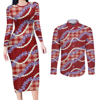 Red Hawaii Palaka Honohono Pikake Couples Matching Long Sleeve Bodycon Dress and Long Sleeve Button Shirt Hawaiian Orchid Lei Polynesian Pattern LT14 Red - Polynesian Pride