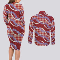 Red Hawaii Palaka Honohono Pikake Couples Matching Long Sleeve Bodycon Dress and Long Sleeve Button Shirt Hawaiian Orchid Lei Polynesian Pattern LT14 - Polynesian Pride