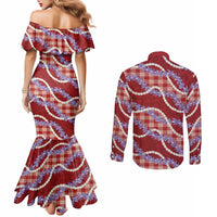 Red Hawaii Palaka Honohono Pikake Couples Matching Mermaid Dress and Long Sleeve Button Shirt Hawaiian Orchid Lei Polynesian Pattern LT14 - Polynesian Pride