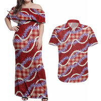 Red Hawaii Palaka Honohono Pikake Couples Matching Off Shoulder Maxi Dress and Hawaiian Shirt Hawaiian Orchid Lei Polynesian Pattern LT14 Red - Polynesian Pride