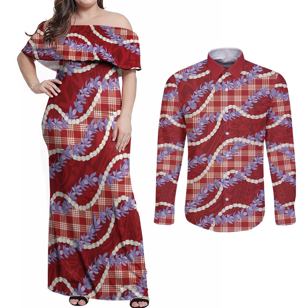Red Hawaii Palaka Honohono Pikake Couples Matching Off Shoulder Maxi Dress and Long Sleeve Button Shirt Hawaiian Orchid Lei Polynesian Pattern LT14 Red - Polynesian Pride