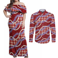 Red Hawaii Palaka Honohono Pikake Couples Matching Off Shoulder Maxi Dress and Long Sleeve Button Shirt Hawaiian Orchid Lei Polynesian Pattern LT14 Red - Polynesian Pride