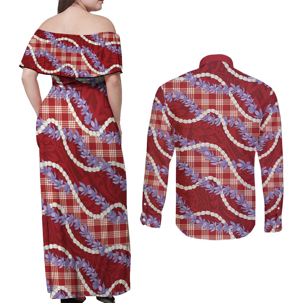 Red Hawaii Palaka Honohono Pikake Couples Matching Off Shoulder Maxi Dress and Long Sleeve Button Shirt Hawaiian Orchid Lei Polynesian Pattern LT14 - Polynesian Pride