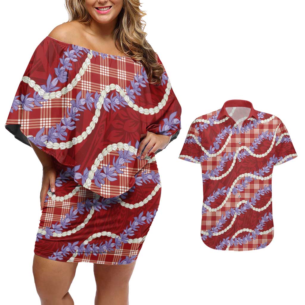 Red Hawaii Palaka Honohono Pikake Couples Matching Off Shoulder Short Dress and Hawaiian Shirt Hawaiian Orchid Lei Polynesian Pattern LT14 Red - Polynesian Pride
