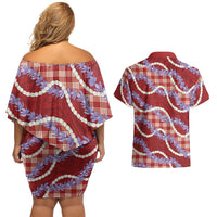 Red Hawaii Palaka Honohono Pikake Couples Matching Off Shoulder Short Dress and Hawaiian Shirt Hawaiian Orchid Lei Polynesian Pattern LT14 - Polynesian Pride