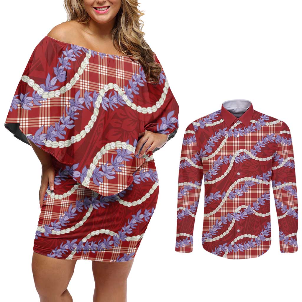 Red Hawaii Palaka Honohono Pikake Couples Matching Off Shoulder Short Dress and Long Sleeve Button Shirt Hawaiian Orchid Lei Polynesian Pattern LT14 Red - Polynesian Pride