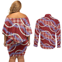 Red Hawaii Palaka Honohono Pikake Couples Matching Off Shoulder Short Dress and Long Sleeve Button Shirt Hawaiian Orchid Lei Polynesian Pattern LT14 - Polynesian Pride