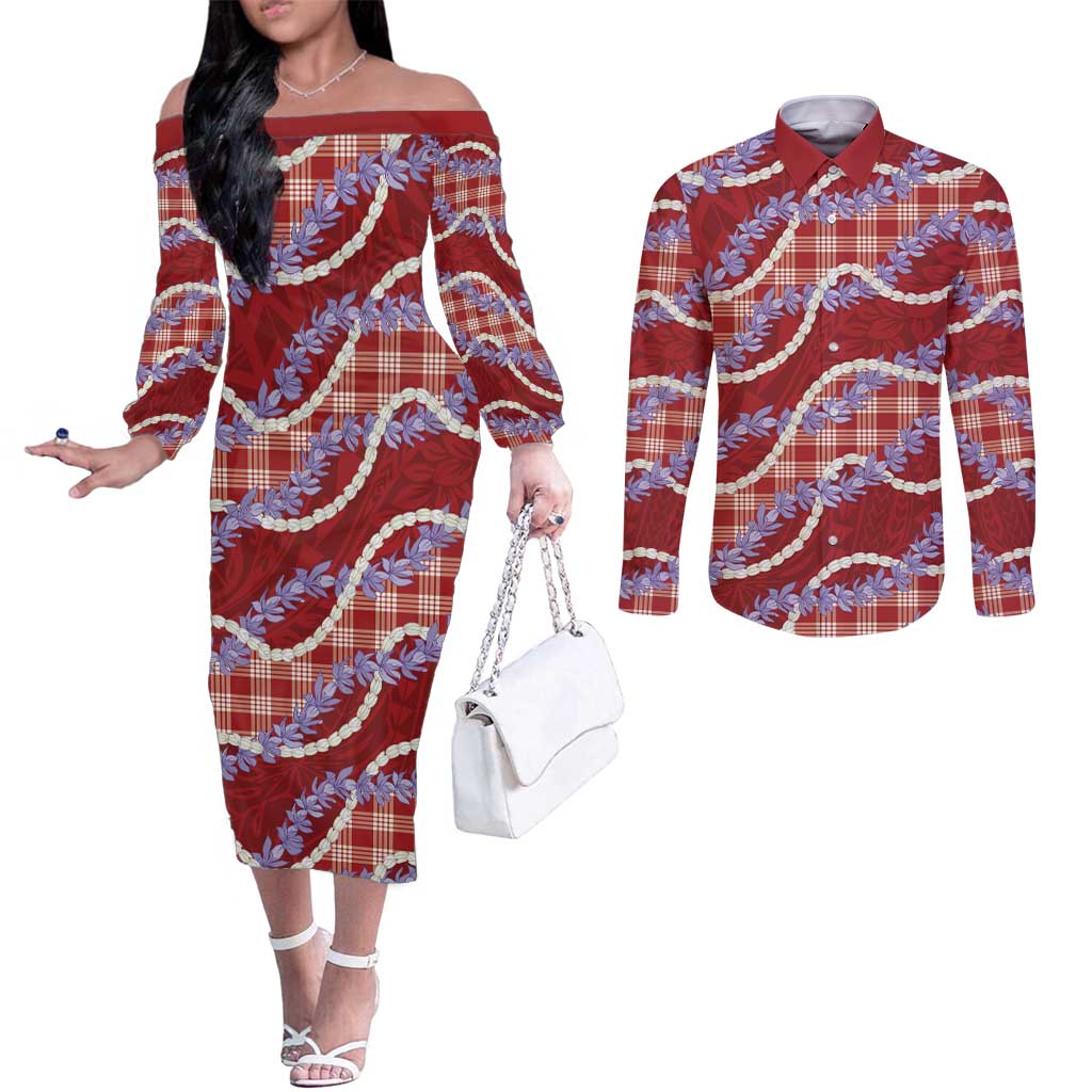 Red Hawaii Palaka Honohono Pikake Couples Matching Off The Shoulder Long Sleeve Dress and Long Sleeve Button Shirt Hawaiian Orchid Lei Polynesian Pattern - Polynesian Pride