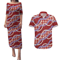 Red Hawaii Palaka Honohono Pikake Couples Matching Puletasi and Hawaiian Shirt Hawaiian Orchid Lei Polynesian Pattern LT14 Red - Polynesian Pride