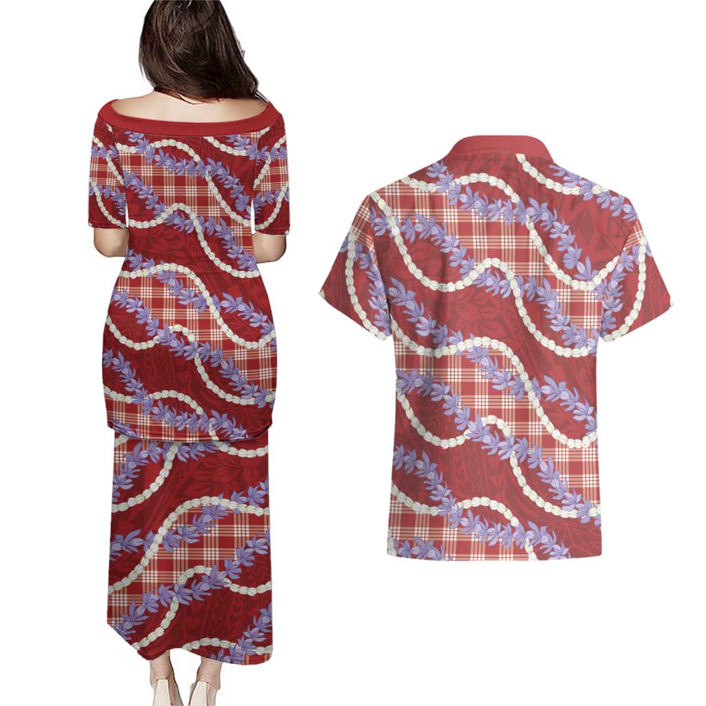 Red Hawaii Palaka Honohono Pikake Couples Matching Puletasi and Hawaiian Shirt Hawaiian Orchid Lei Polynesian Pattern LT14 - Polynesian Pride