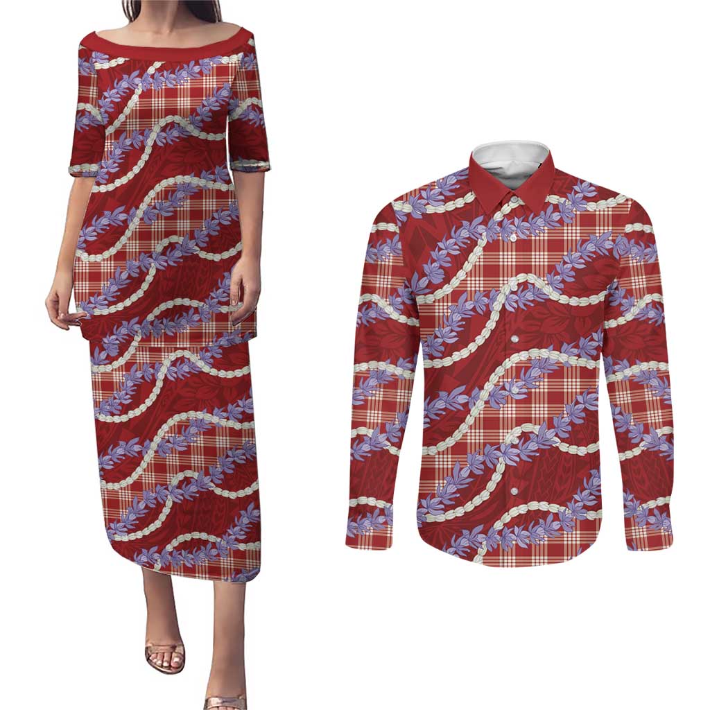 Red Hawaii Palaka Honohono Pikake Couples Matching Puletasi and Long Sleeve Button Shirt Hawaiian Orchid Lei Polynesian Pattern LT14 Red - Polynesian Pride