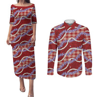 Red Hawaii Palaka Honohono Pikake Couples Matching Puletasi and Long Sleeve Button Shirt Hawaiian Orchid Lei Polynesian Pattern LT14 Red - Polynesian Pride