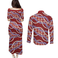 Red Hawaii Palaka Honohono Pikake Couples Matching Puletasi and Long Sleeve Button Shirt Hawaiian Orchid Lei Polynesian Pattern LT14 - Polynesian Pride