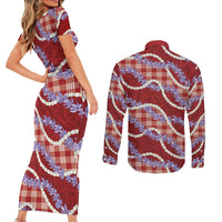 Red Hawaii Palaka Honohono Pikake Couples Matching Short Sleeve Bodycon Dress and Long Sleeve Button Shirt Hawaiian Orchid Lei Polynesian Pattern LT14 - Polynesian Pride