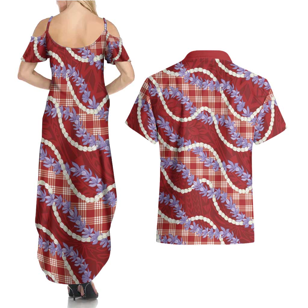 Red Hawaii Palaka Honohono Pikake Couples Matching Summer Maxi Dress and Hawaiian Shirt Hawaiian Orchid Lei Polynesian Pattern LT14 - Polynesian Pride