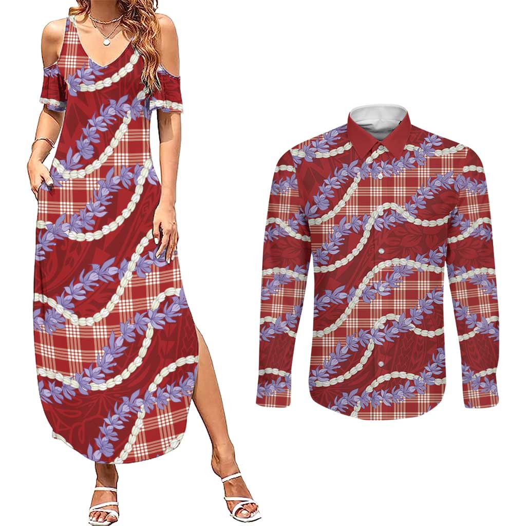 Red Hawaii Palaka Honohono Pikake Couples Matching Summer Maxi Dress and Long Sleeve Button Shirt Hawaiian Orchid Lei Polynesian Pattern LT14 Red - Polynesian Pride