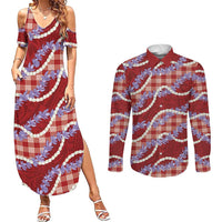 Red Hawaii Palaka Honohono Pikake Couples Matching Summer Maxi Dress and Long Sleeve Button Shirt Hawaiian Orchid Lei Polynesian Pattern LT14 Red - Polynesian Pride
