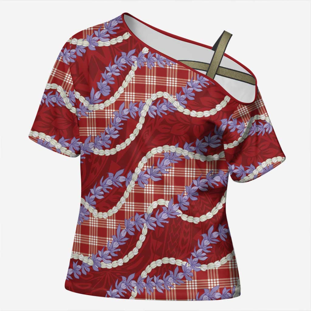 Red Hawaii Palaka Honohono Pikake Cross Shoulder Shirt Hawaiian Orchid Lei Polynesian Pattern - Polynesian Pride