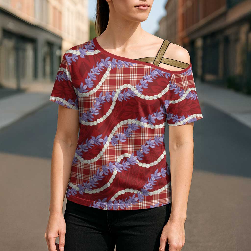 Red Hawaii Palaka Honohono Pikake Cross Shoulder Shirt Hawaiian Orchid Lei Polynesian Pattern - Polynesian Pride