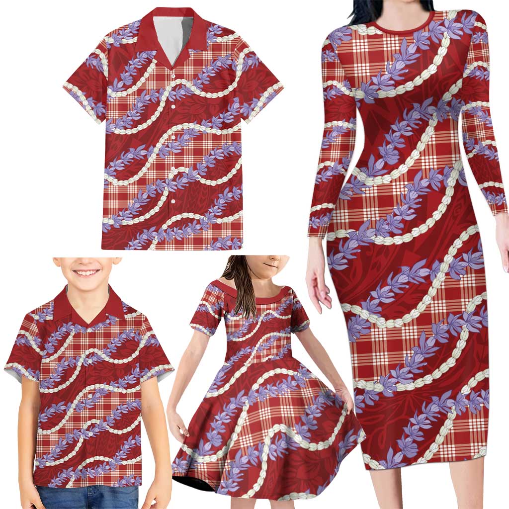 Red Hawaii Palaka Honohono Pikake Family Matching Long Sleeve Bodycon Dress and Hawaiian Shirt Hawaiian Orchid Lei Polynesian Pattern LT14 - Polynesian Pride